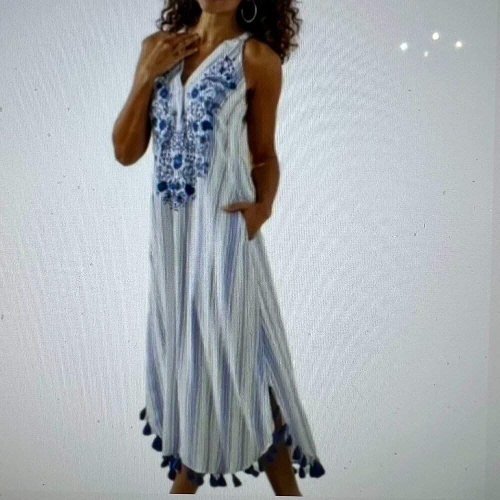 Soft Surroundings Heavenly Soft Georgia Dress White Blue Stripe M